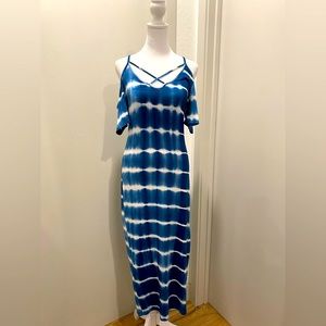 Caution to the Wind Blue & White Tie Dye Off-the-Shoulder Fitted Maxi Dress - M